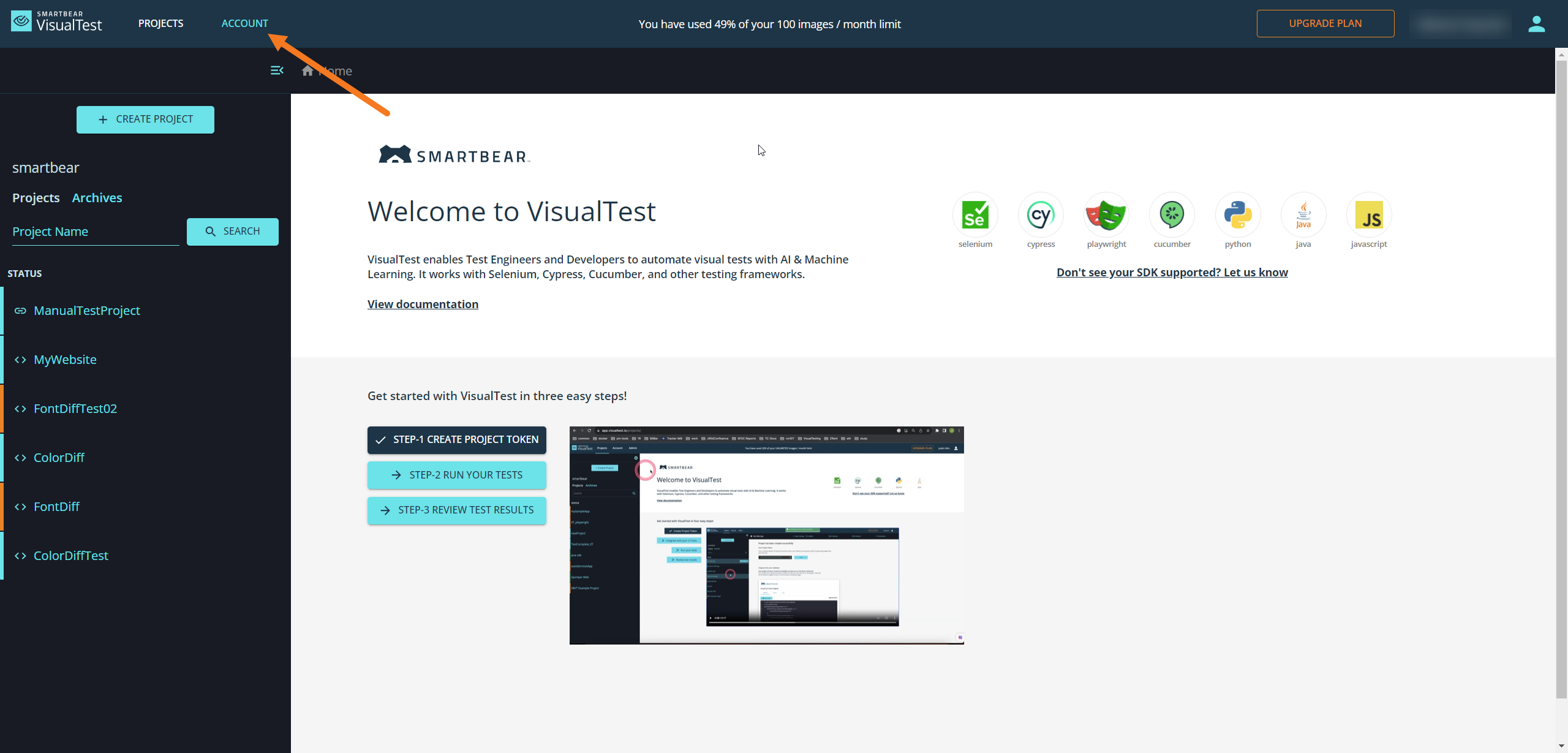A screenshot of the VisualTest home page with the Account section indicated.