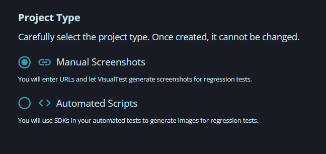 A screenshot of the Visual Test project type selection panel with Manual Screenshots selected.