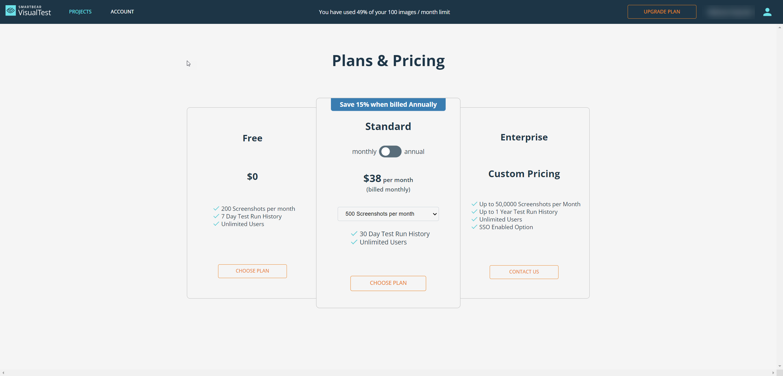 A screenshot of the VisualTest Plans & Pricing.