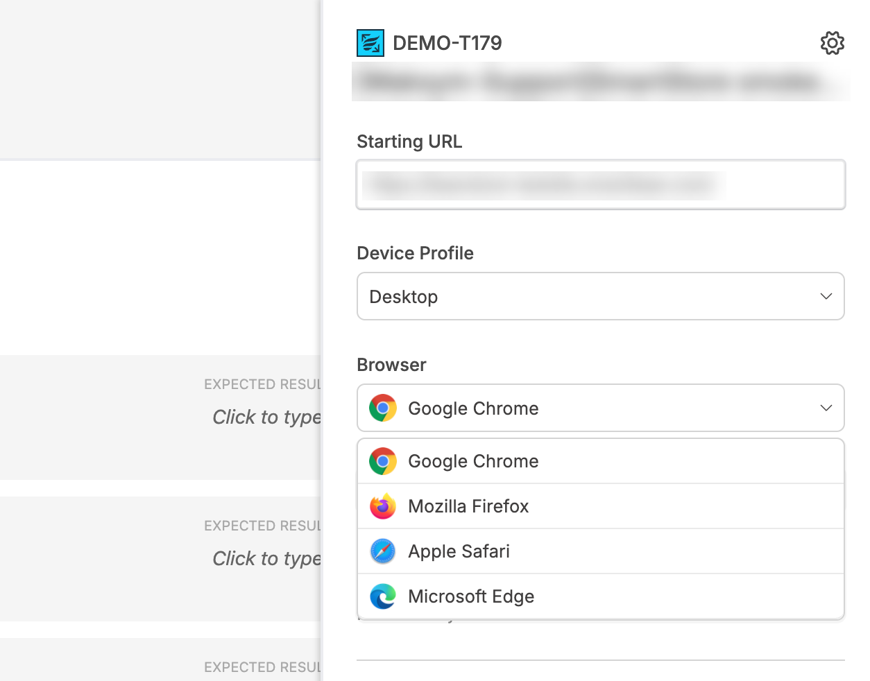 A screenshot of Zephyr Scale testing browsers drop-down menu.