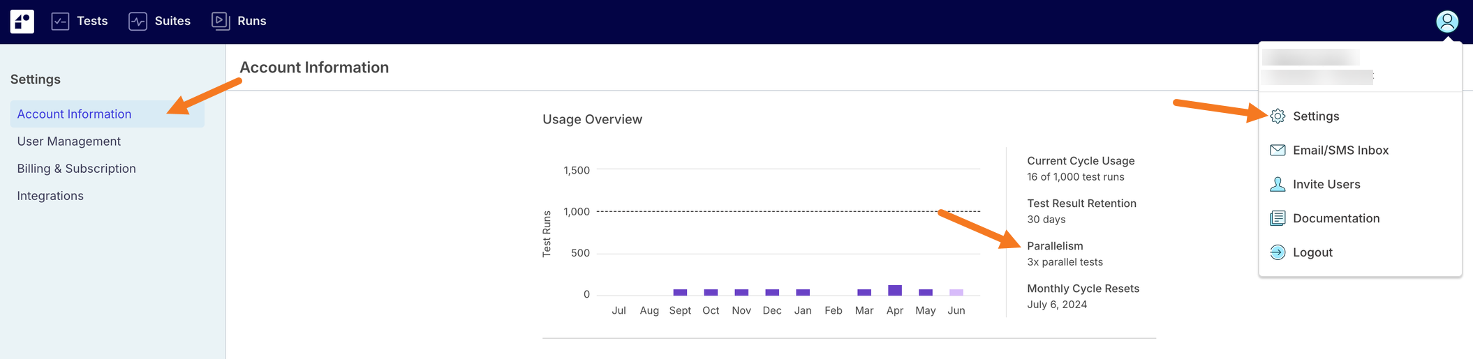 A screenshot of Reflect account information page with Parallel tests highlighted.