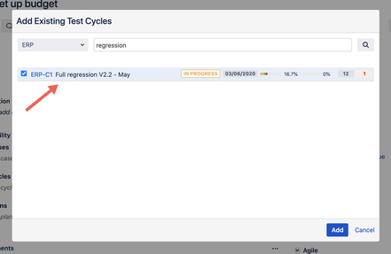 The 'Add existing test cyes' screen