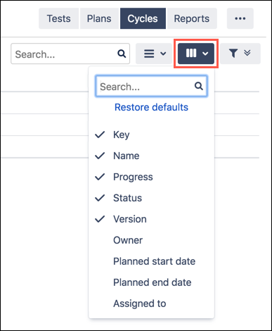 Test cycles' column headers