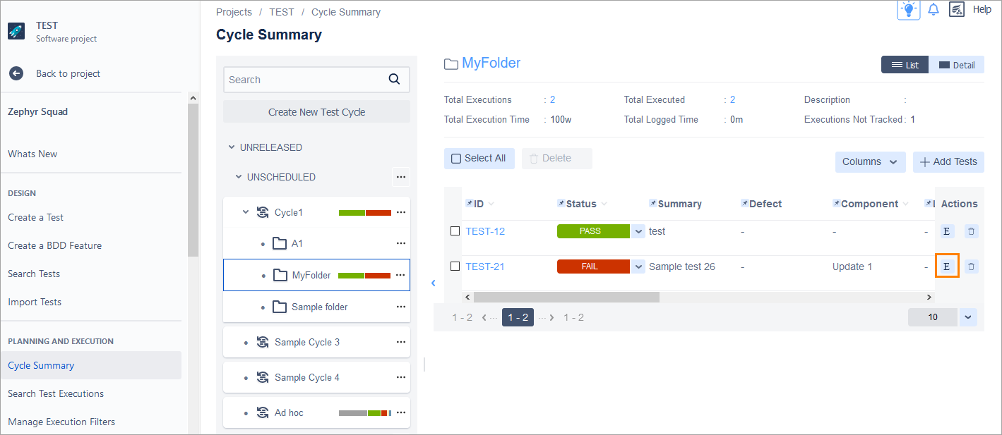 Test Cycle summary page