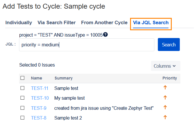 Add tests via a JQL query