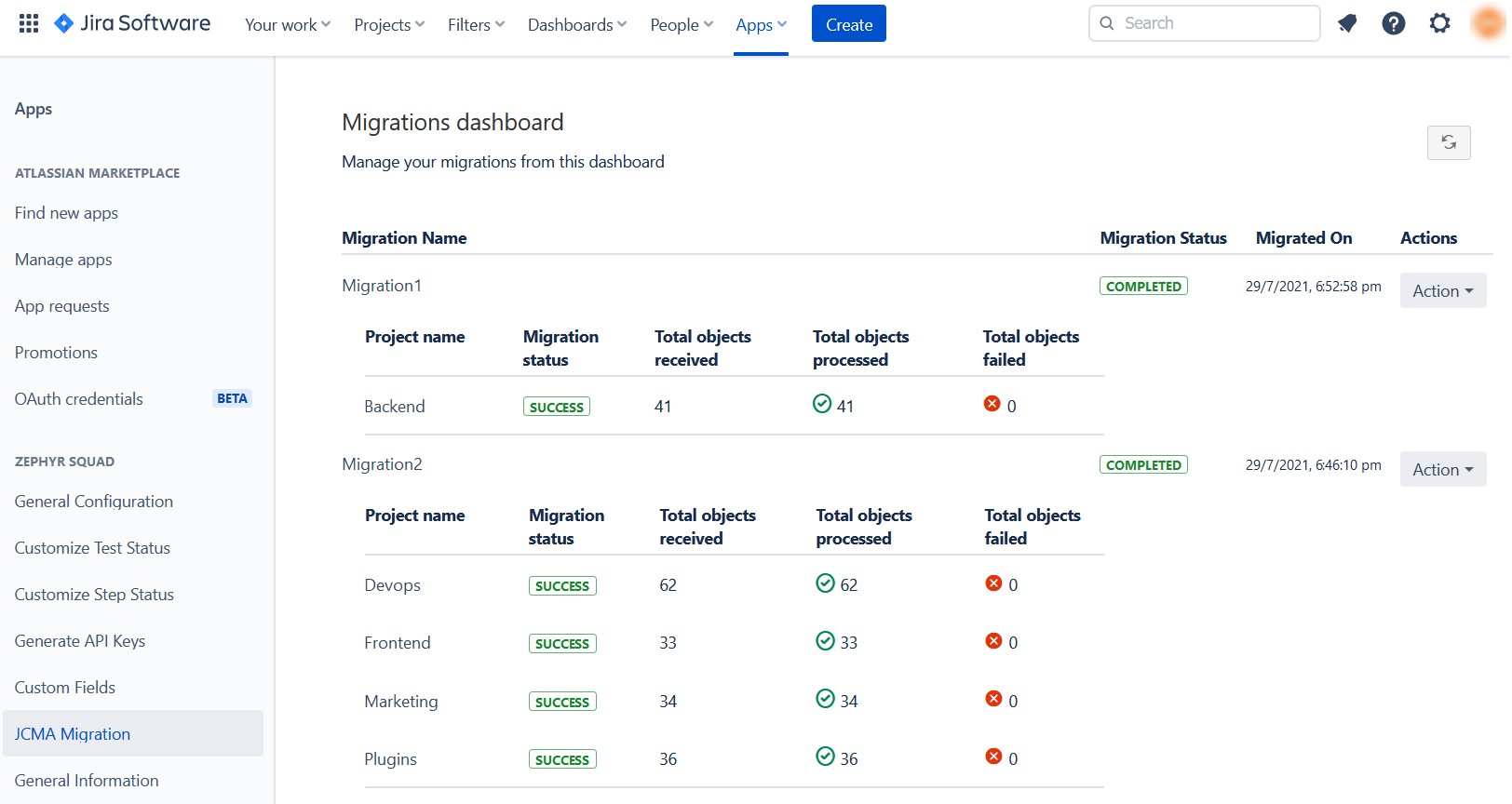 Project migration status