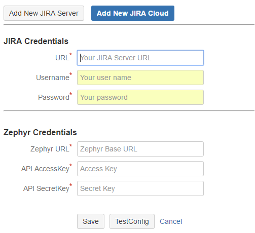 Jira Cloud URL and user credentials