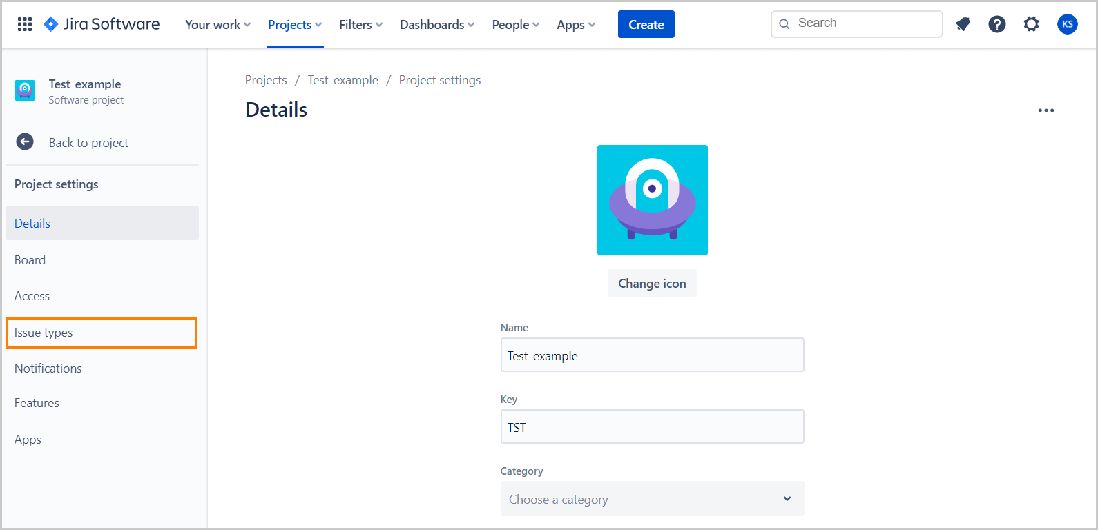 The Issue Types page of the team-managed project