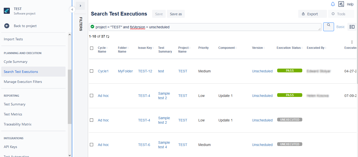 Test Execution search results