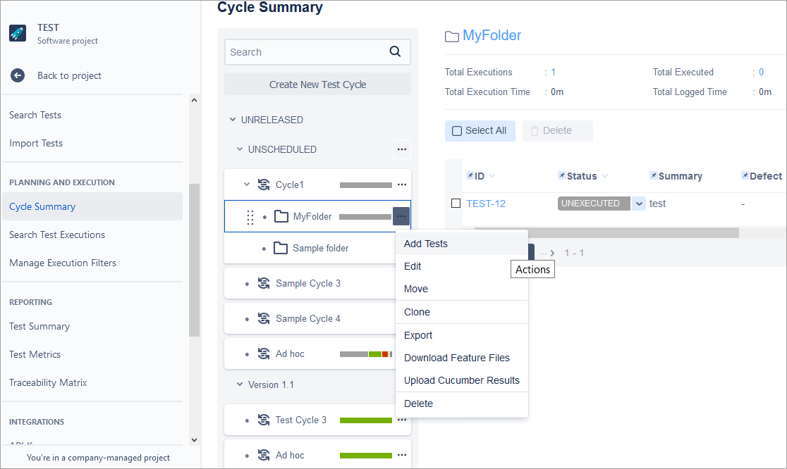 Sample folder menu