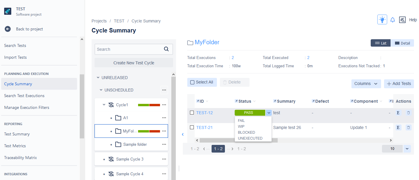 Status drop-down menu