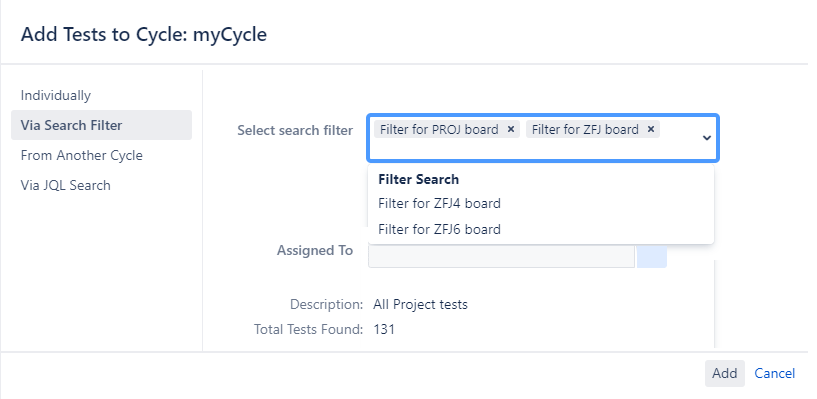 Add tests via search filter