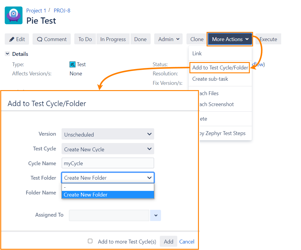 Create a new folder or a test cycle while adding test to a cycle