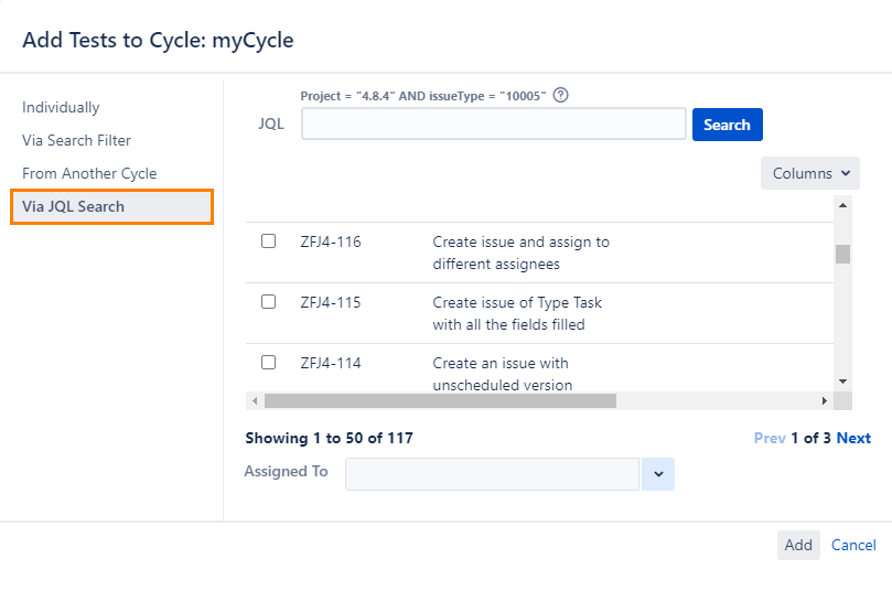 Add Tests to Cycle via JQL Search