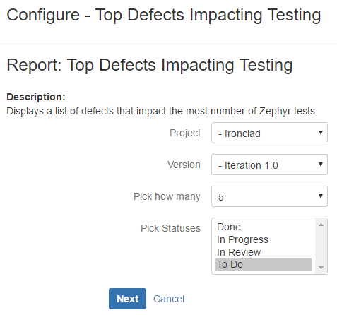 Configuring top defects impacting testing report