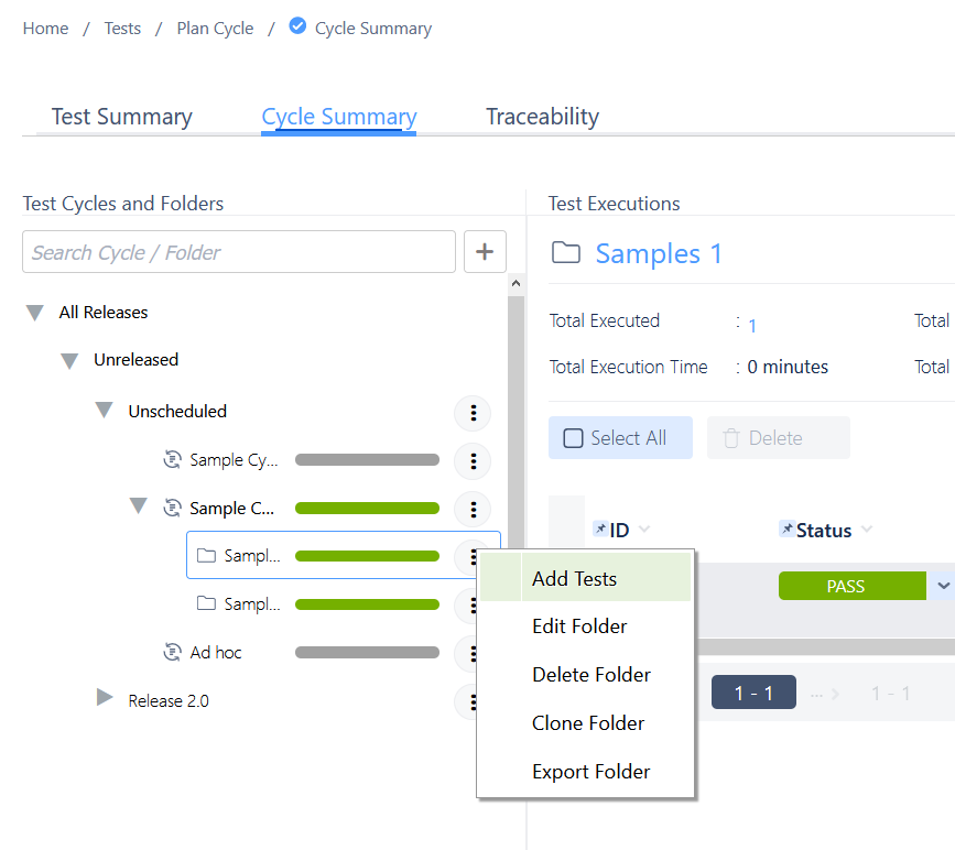 Folder actions menu