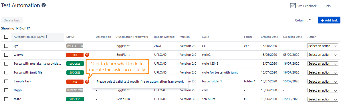 Failed task warning icon