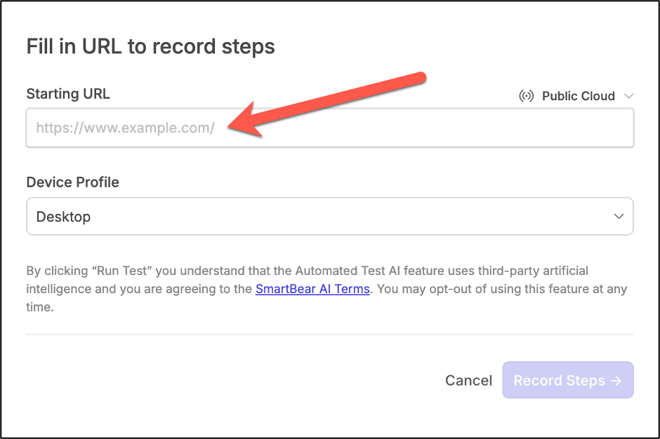 Fill in URL to record Steps